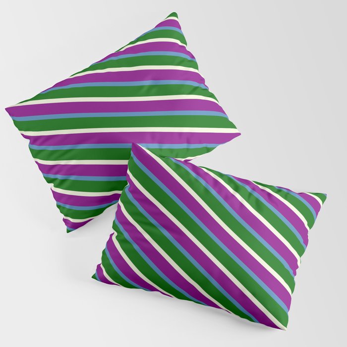 Beige, Purple, Blue & Dark Green Colored Lines Pattern Pillow Sham