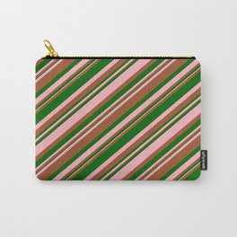 [ Thumbnail: Light Pink, Sienna, and Dark Green Colored Stripes Pattern Carry-All Pouch ]