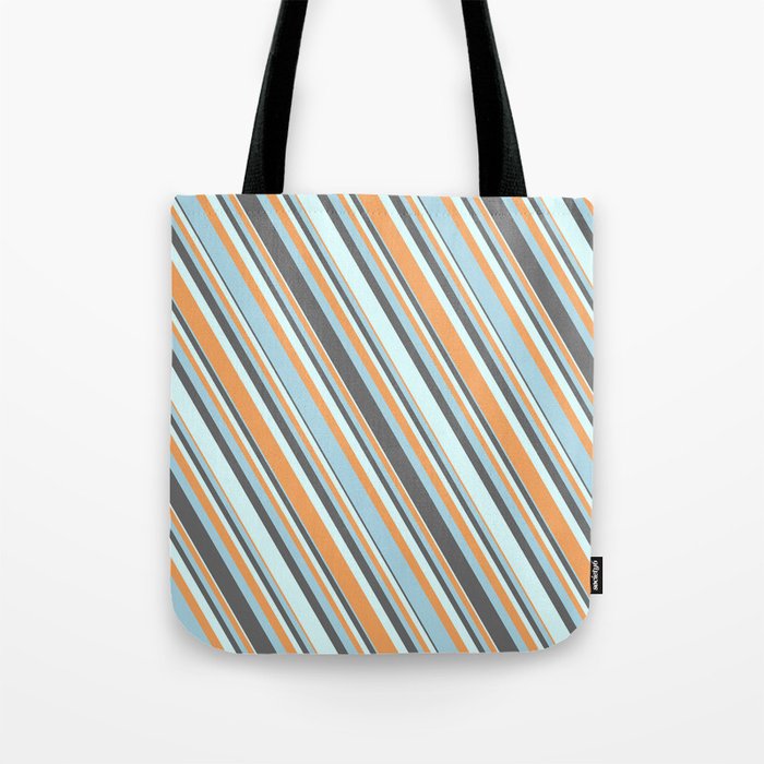 Dim Gray, Light Cyan, Brown & Light Blue Colored Striped Pattern Tote Bag
