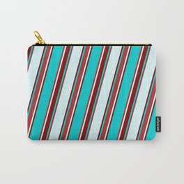 [ Thumbnail: Dark Turquoise, Brown, Light Cyan, and Maroon Colored Lined/Striped Pattern Carry-All Pouch ]