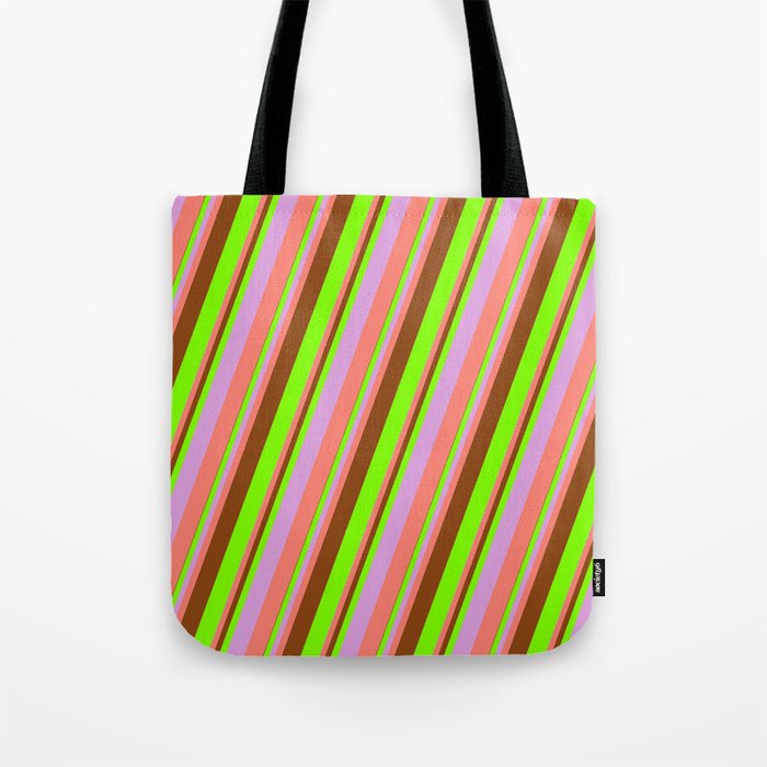 Brown, Chartreuse, Plum & Salmon Colored Stripes Pattern Tote Bag