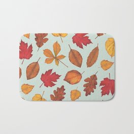 Autumn Leaves Illustration Pattern | Pale Green Leaves Pattern | Oak Linden Maple pattern Bath Mat