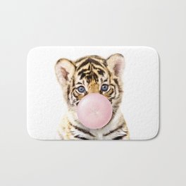 Baby Tiger Blowing Bubble Gum, Pink Nursery, Baby Animals Art Print by Synplus Bath Mat | Nurserywalldecor, Babygirl, Safarianimal, Bubblegumanimals, Tiger, Pink, Kidswallart, Bubblegum, Nurserywallart, Babytiger 