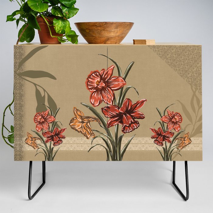 Cottagecore Flowers and Lace Collage Aesthetic - Vintage Botanical Exotic Floral Seamless Pattern Credenza