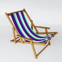 [ Thumbnail: Light Cyan, Indigo, Aqua, and Green Colored Lined/Striped Pattern Sling Chair ]