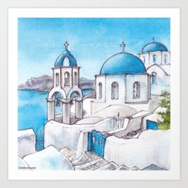 Santorini view - ink & watercolor illustration Art Print