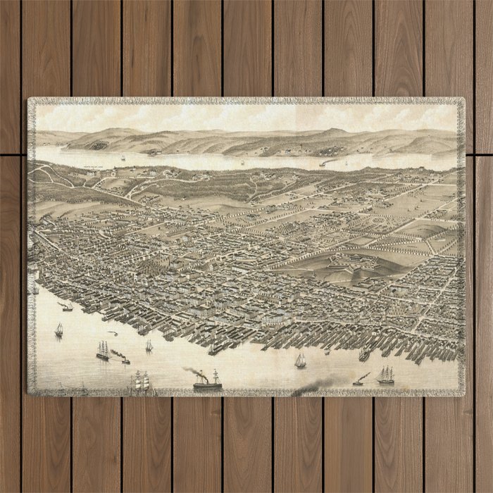 Vintage Pictorial Map of Halifax (1879) Outdoor Rug by BravuraMedia