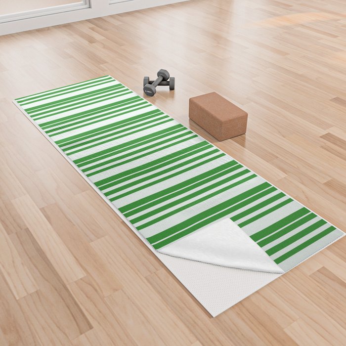 Forest Green & Mint Cream Colored Pattern of Stripes Yoga Towel