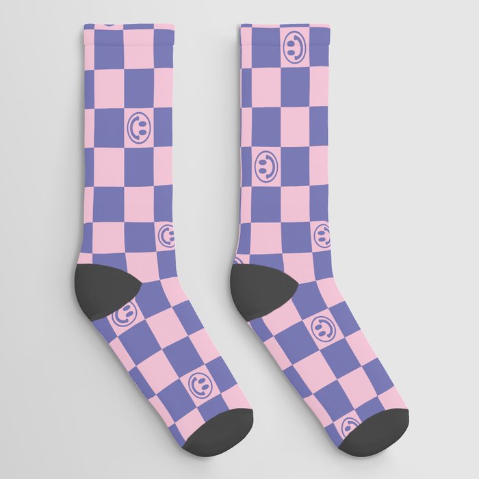 Smileys and Checkerboard (Very Peri And Pink Color Palette) Socks