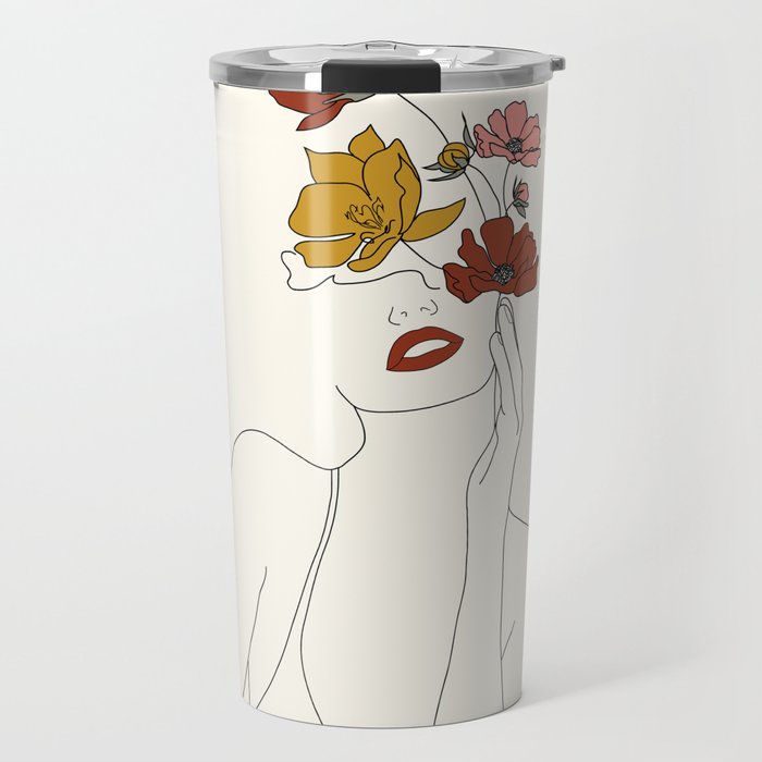 Colorful Thoughts Minimal Line Art Woman with Flowers Travel Mug