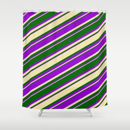 [ Thumbnail: Pale Goldenrod, Dark Green & Dark Violet Colored Lined Pattern Shower Curtain ]