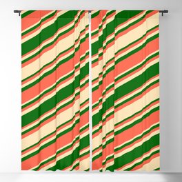 [ Thumbnail: Beige, Dark Green & Red Colored Lined Pattern Blackout Curtain ]
