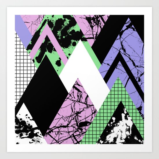 Textured Points - Marbled, pastel, black and white, paint splat textured geometric triangles Art Print