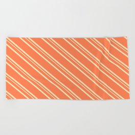 [ Thumbnail: Coral and Beige Colored Striped Pattern Beach Towel ]