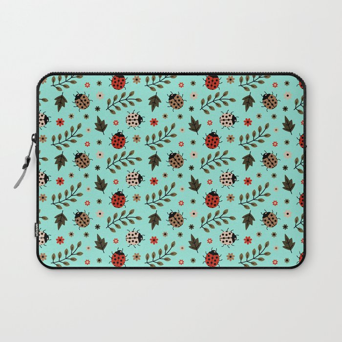 Ladybug and Floral Seamless Pattern on Seafoam Background Laptop Sleeve