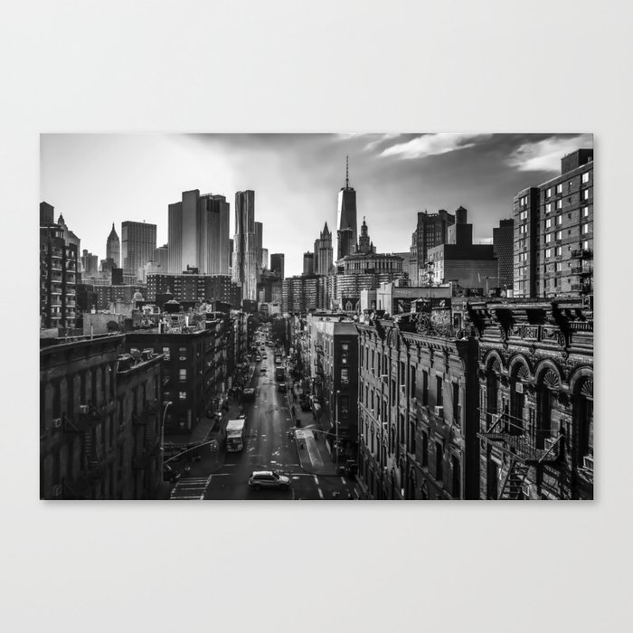 New York City skyline and Chinatown neighborhood in Manhattan black and white Canvas Print