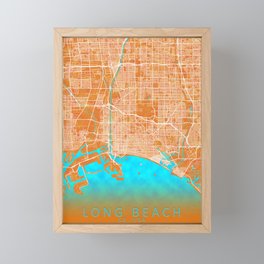 Long Beach, CA, USA, Gold, Blue, City, Map Framed Mini Art Print