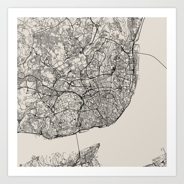 Portugal, Lisbon City Map - Black & White Art Print
