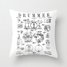 Drum Set Kit Vintage Patent Drummer Drawing Print Throw Pillow