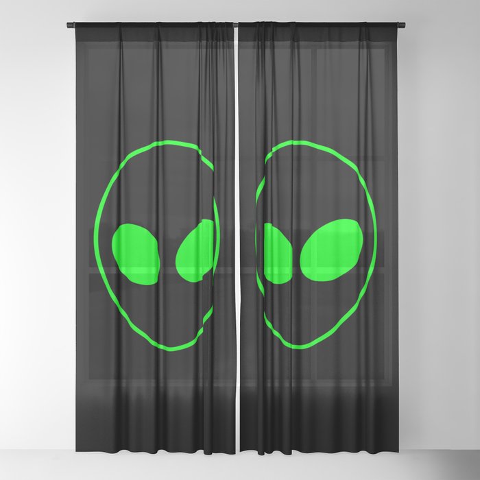 Bright Neon Green Alien Head On Black Sheer Curtain By Podartist Society6