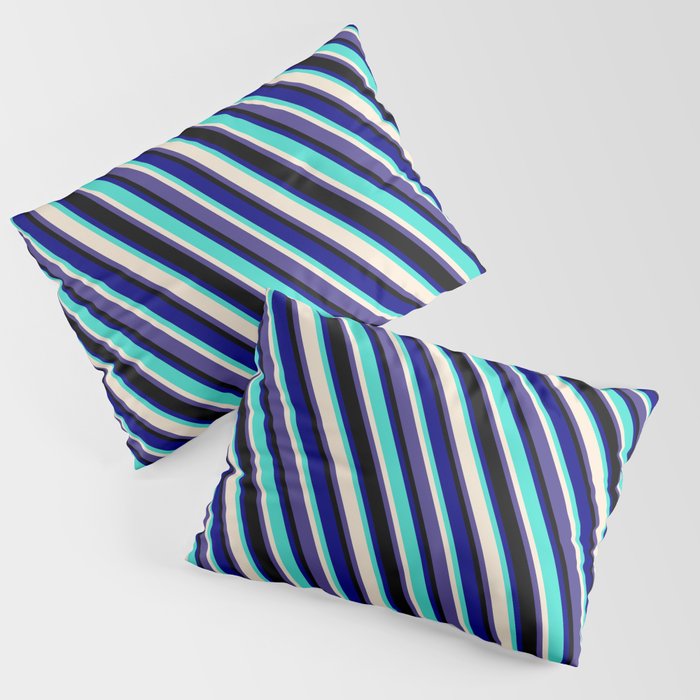 Eyecatching Blue, Turquoise, Beige, Dark Slate Blue, and Black Colored Lined Pattern Pillow Sham