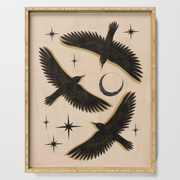 Black birds flying with the Moon Serving Tray