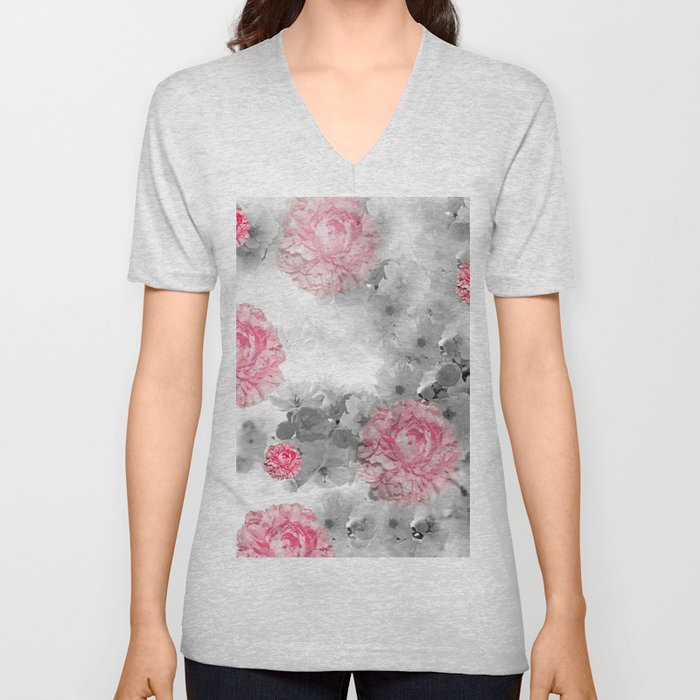 ROSES PINK WITH CHERRY BLOSSOMS V Neck T Shirt