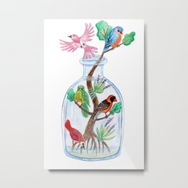 Birds in a Bottle Watercolor Painting Metal Print | Fantasybirds, Pinkbird, Colorfulbirds, Watercolorpainting, Watercolorbirds, Bluebird, Birdsinabottle, Painting, Greenbird, Watercolorbottle 