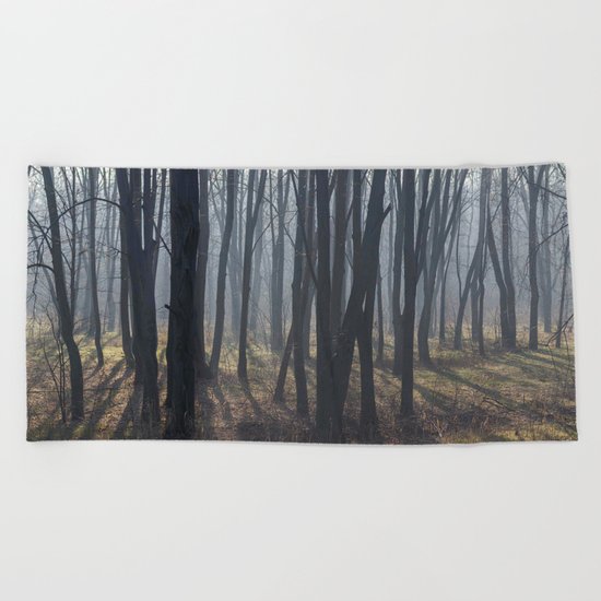 Fog Autumn forest Beach Towel