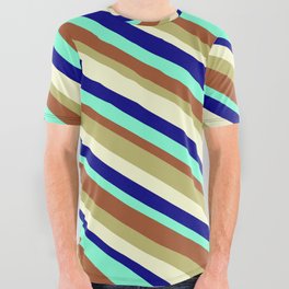 [ Thumbnail: Eye-catching Sienna, Dark Khaki, Light Yellow, Blue, and Aquamarine Colored Striped/Lined Pattern All Over Graphic Tee ]