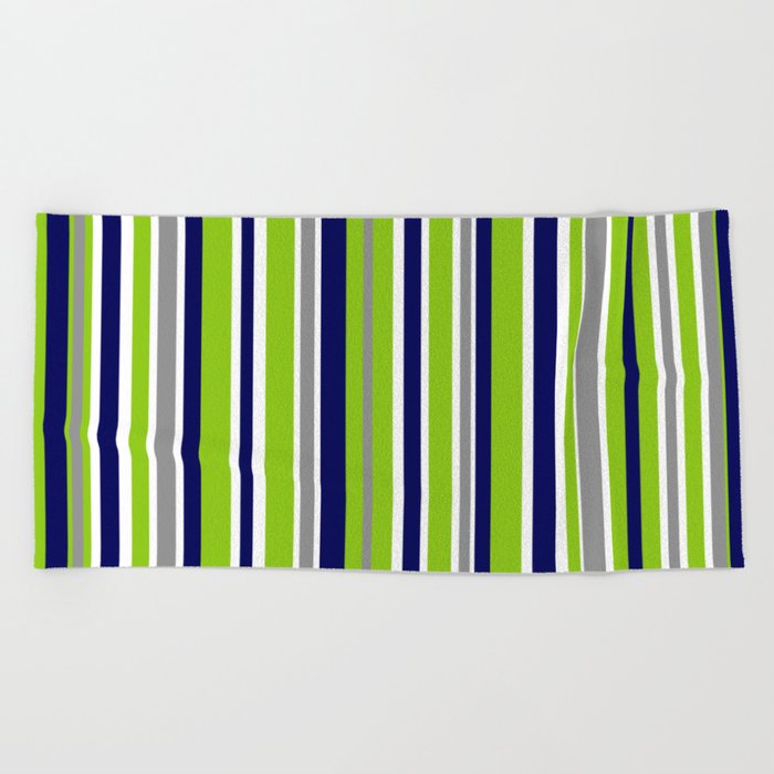 Lime Green Bright Navy Blue Gray and White Vertical Stripes Pattern Beach Towel