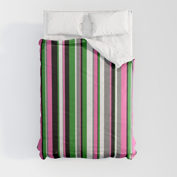 Eyecatching Black, Hot Pink, Gray, White, and Forest Green Colored Stripes/Lines Pattern Comforter
