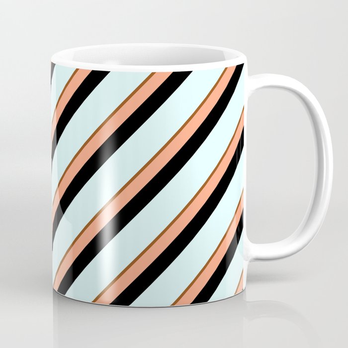 Brown, Light Salmon, Black & Light Cyan Colored Stripes Pattern Coffee Mug
