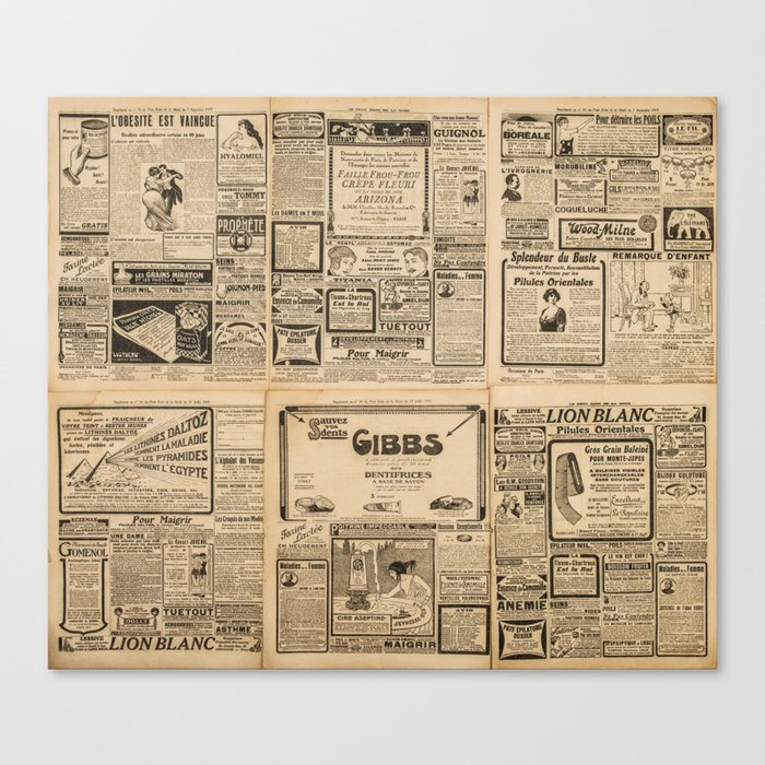 Used paper background. Old newspaper page with vintage advertising Canvas Print