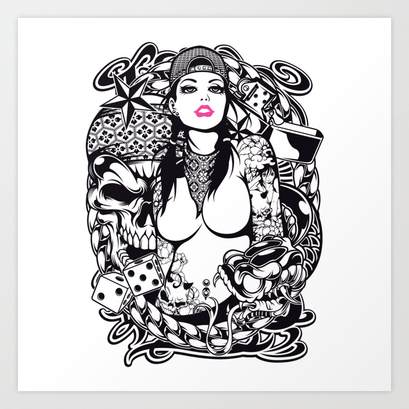 girl with skull and snake pink art print by kingfuture