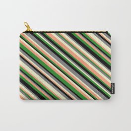 [ Thumbnail: Eye-catching Gray, Light Yellow, Light Salmon, Forest Green & Black Colored Striped Pattern Carry-All Pouch ]
