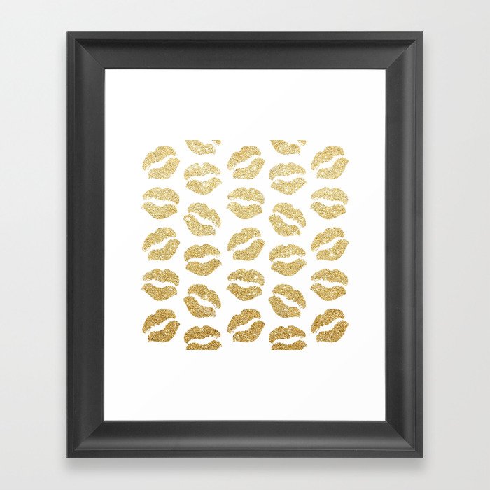 Gold Glitter Lips Framed Art Print