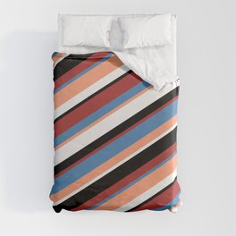 [ Thumbnail: Eye-catching Brown, Blue, Light Salmon, White & Black Colored Striped/Lined Pattern Duvet Cover ]