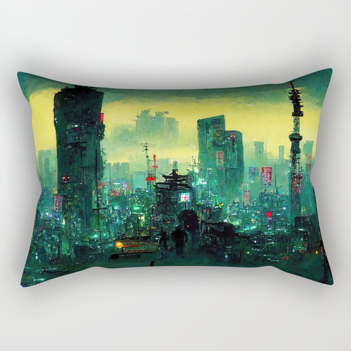 Tokyo Cyberpunk Cityscape at Night Rectangular Pillow