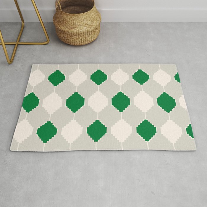 Abstract Southwest Plaid Pattern in Green and Light Grey Rug