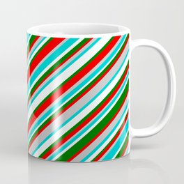 [ Thumbnail: Vibrant Red, Grey, Dark Turquoise, Mint Cream, and Dark Green Colored Striped/Lined Pattern Coffee Mug ]