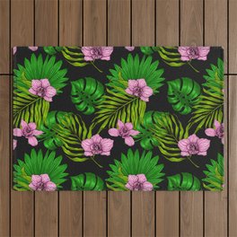 Orchids and palm leaves, pink and green Outdoor Rug