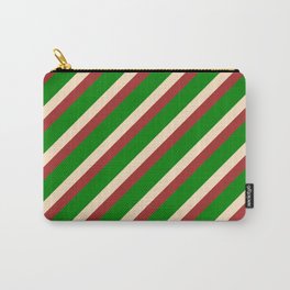 [ Thumbnail: Brown, Green & Bisque Colored Stripes Pattern Carry-All Pouch ]