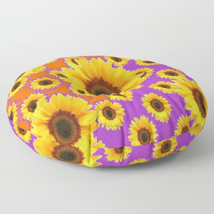 Sunflower Patterns on Orange & Purple Color Floor Pillow