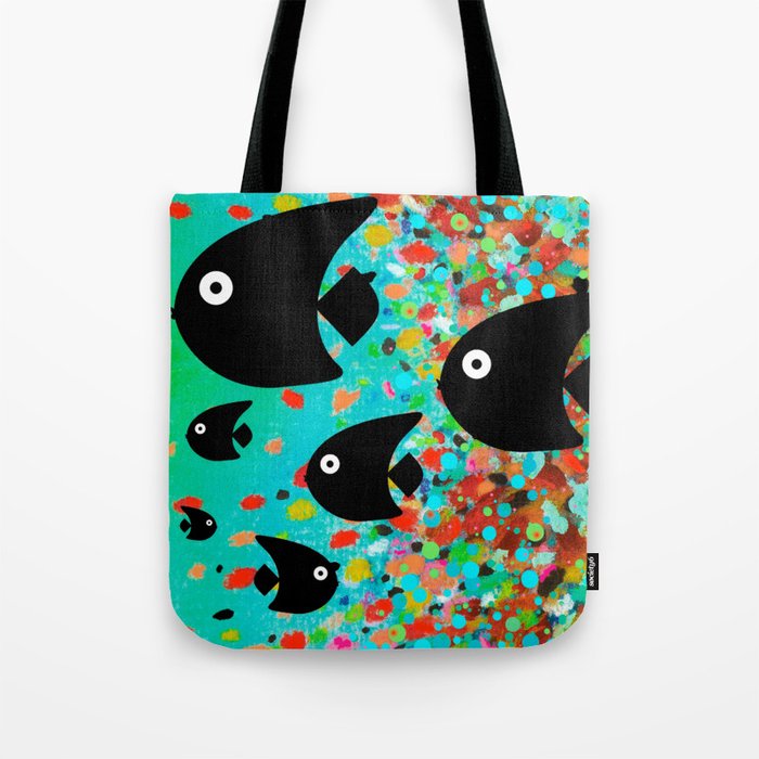 Cute Black Fish School Tote Bag By Roliepoliestephanie