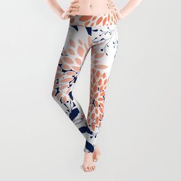 Floral Prints and Leaves, White, Coral and Navy Leggings