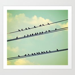 Birds on wires over blue sky with clouds background toned with a vintage retro filter Art Print