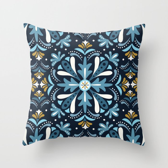 Andalusia Spanish Tile Blue Gold Throw Pillow