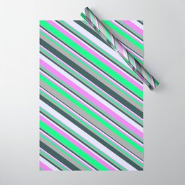 [ Thumbnail: Eyecatching Dark Gray, Dark Slate Gray, Lavender, Violet, and Green Colored Striped Pattern Wrapping Paper ]