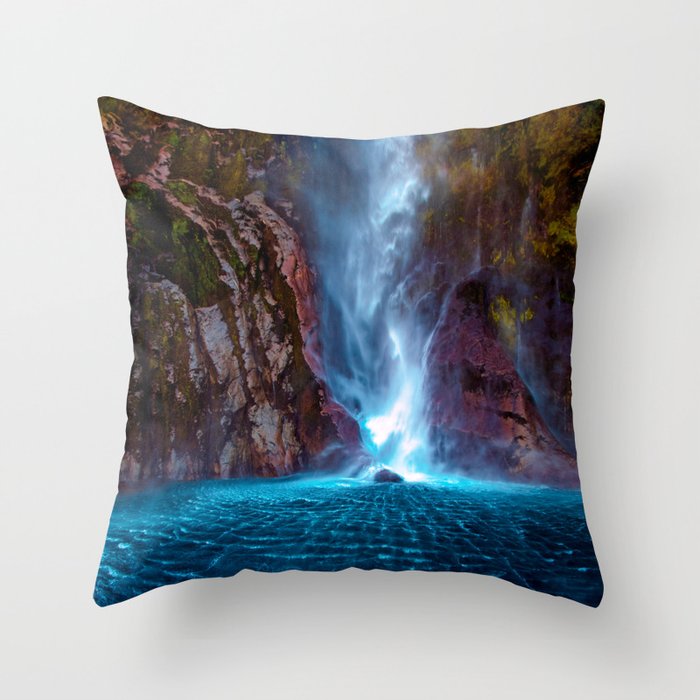 Crashing Waterfall Ripple - Milford Sound, New Zealand Throw Pillow